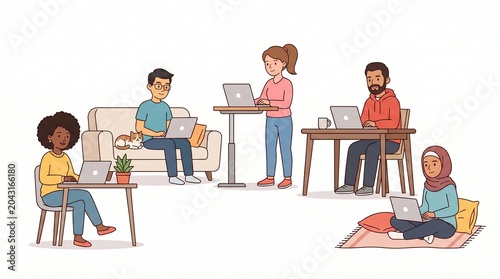 Diverse group of young people working remotely on their laptops in a casual modern home office setting with colorful clothing styles rendered on white background.
