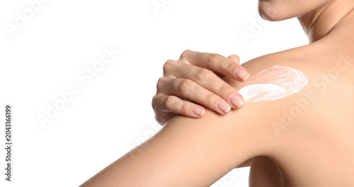 Woman Applying Sun Cream on Body; UV Protection and Summer Safety; Isolated PNG