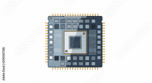 Stylized illustration of a computer chip with gold pins on a white background