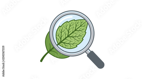 Foto Magnifying glass examining a green leaf.