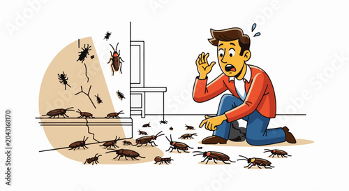 Frightened man discovers infestation of cockroaches and insects indoors
