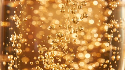 Abstract golden bubbles rising in liquid, sparkling highlights and soft bokeh creating luxurious carbonation texture like beer, champagne or sparkling beverage in a glowing macro background, warm