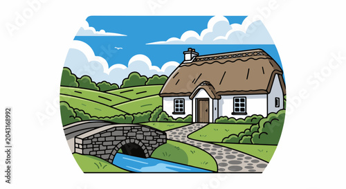 Idyllic countryside scene with a thatched cottage, stone bridge, and rolling green hills