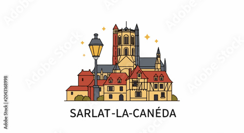 Illustrated cityscape with a large cathedral and surrounding buildings under starry sky