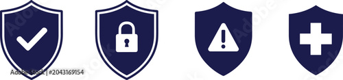 Shield security icons set, check mark lock warning medical cross, protection safety privacy cyber healthcare vector illustration flat modern design