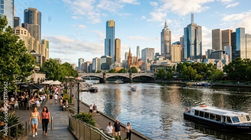 Yarra River with downtown Melbourne views in summer, Australia, polished cityscape travel scene with waterfront reflections, warm seasonal mood and destination appeal for tourism and editorial
