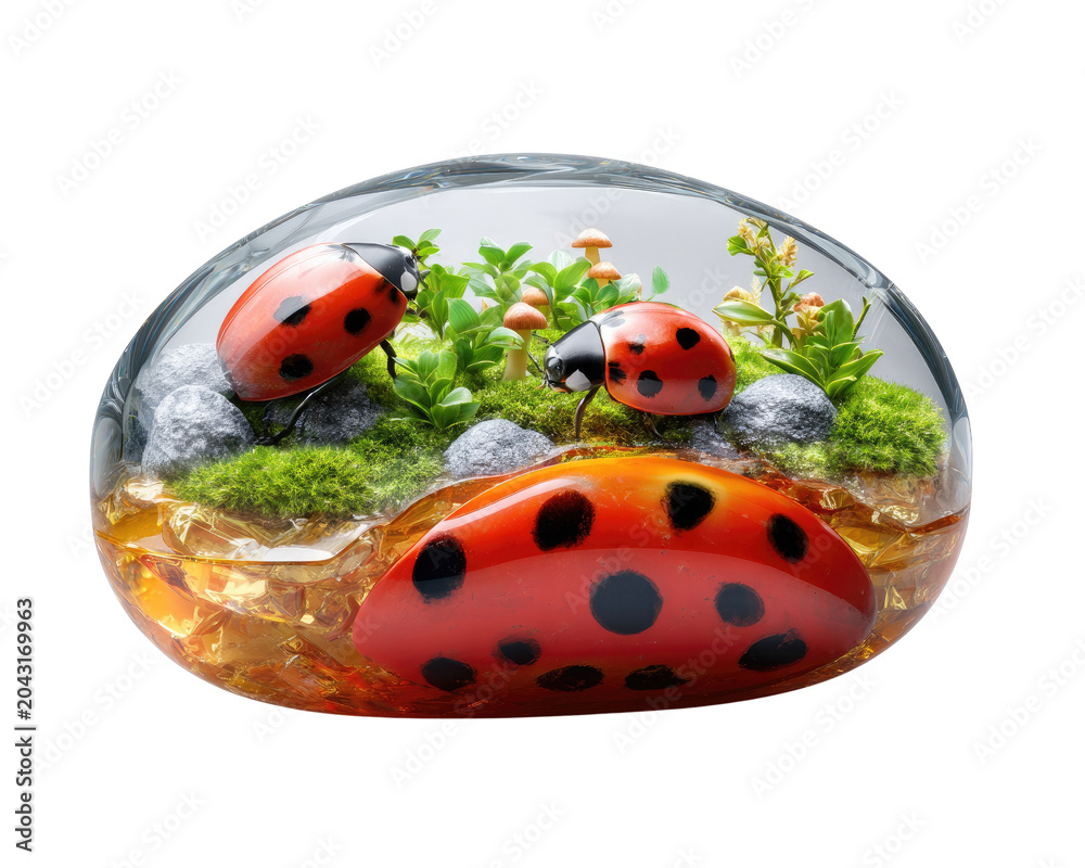 Naklejka premium Ladybug Miniature World: A whimsical diorama featuring three vibrant ladybugs nestled among moss, tiny mushrooms, and delicate flora, captured within a clear, oval-shaped dome.