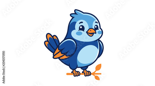 Foto Cute cartoon blue bird sitting on a branch, vector illustration, isolated on whi