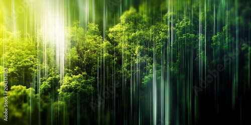 Abstract vertical green light streaks illuminate lush forest canopy with bokeh effect.