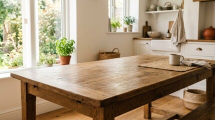 Empty wooden kitchen table with copy space for product placement, set in a bright and sunlit interior, polished product mockup for kitchen brands, home decor, food packaging and lifestyle campaigns,