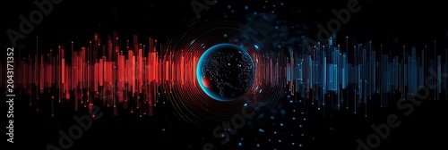 Digital earth with sound waves and glowing particles on black background technology concept.