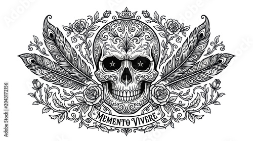 Foto Ornate Sugar Skull with Feathers, Roses, and Crown - Memento Vivere