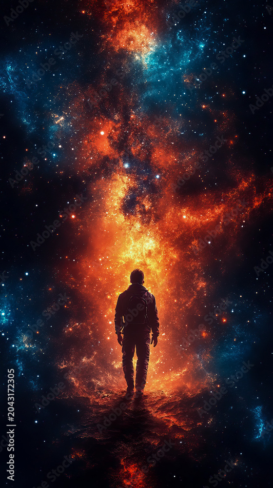 Naklejka premium Lone Wanderer Standing Before Breathtaking Glowing Nebula in Vast Deep Space, Representing Human Curiosity and Infinite Mysteries of Cosmic Universe and Beyond