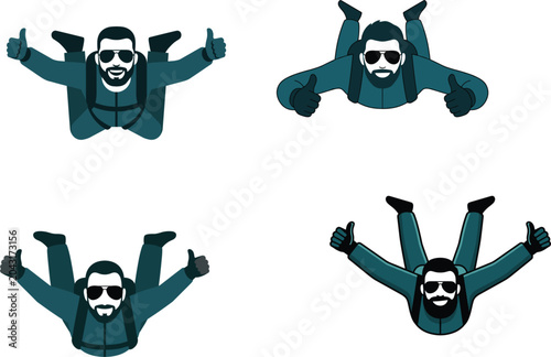 Fotografija Skydiver character vector set skydiving in free fall wearing sunglasses and show