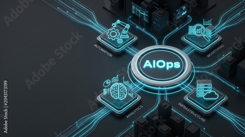 AIOps central hub connected to automation analytics monitoring and infrastructure modules on dark futuristic circuit board, information technology background, artificial intelligence, devops.