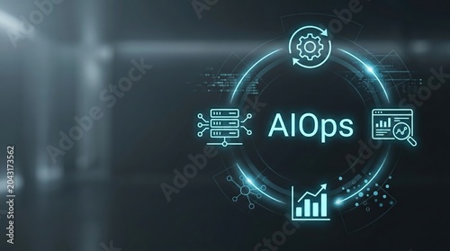 Blue glowing AIOps text with digital icons for server management and data analysis on dark blurred background, information technology, network monitoring, cloud computing.