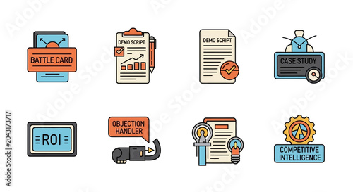 Business Strategy Icons: Battle Card, ROI, Case Study, Competitive Intelligence