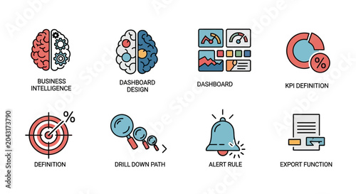 Business Intelligence Icons: Brain, Dashboard, KPI, Target, Magnifying Glass, Bell, Document