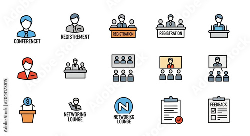 Business meeting icons: conference, registration, networking, feedback
