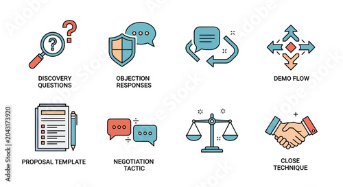 Business Meeting Icons: Discovery, Negotiation, Proposal, Closing Deal