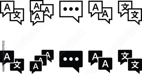 Photos Translation and language chat icons set, multilingual communication symbols, tex