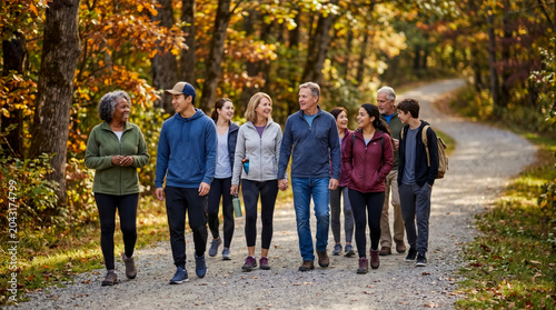 Diverse multi-generational group of friends and family walking happily along scenic forest trail on bright autumn day while enjoying healthy outdoor recreation and social connection