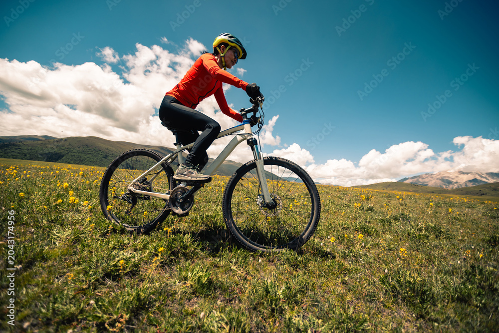Naklejka premium Mountain biking on flowering grassland mountains