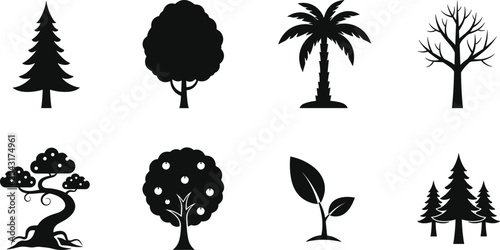 Bild auf Leinwand Tree silhouette icon set illustration, forest nature symbols collection, pine pa