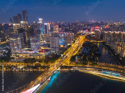 Aerial View of Guangzhou Skyline at Night with Vibrant City Lights