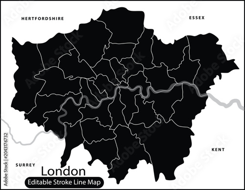 Photography Black and white map of london city districts illustration