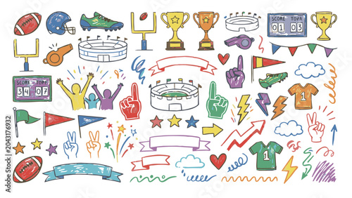 Football Fan Crayon Doodle Elements Colorful Sports Sketch Collection
