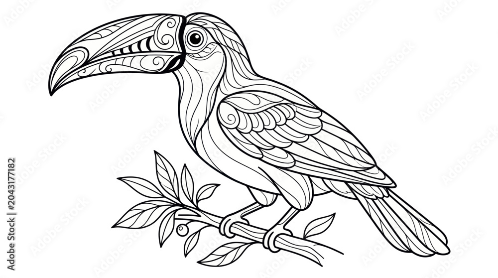Obraz premium Zentangle Toucan Bird Line Art Illustration on Branch