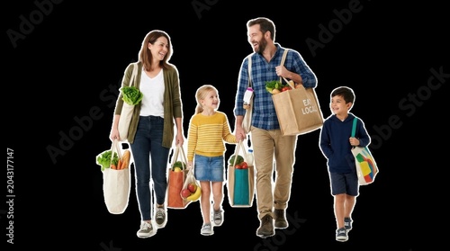 Cheerful family with two kids returning from the supermarket, holding colorful reusable bags against a clean studio setting, representing eco shopping and family joy

