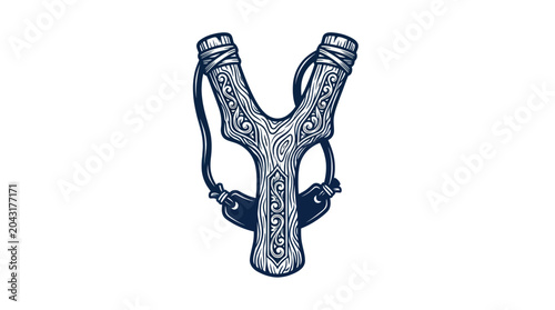 Canvas Print Vintage Wooden Slingshot with Intricate Carvings and Rubber Bands