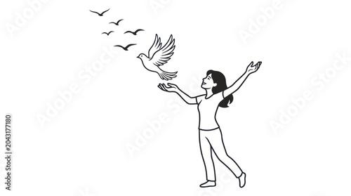 Tableau sur toile Woman Releasing Dove, Symbolizing Freedom, Hope, and Peace