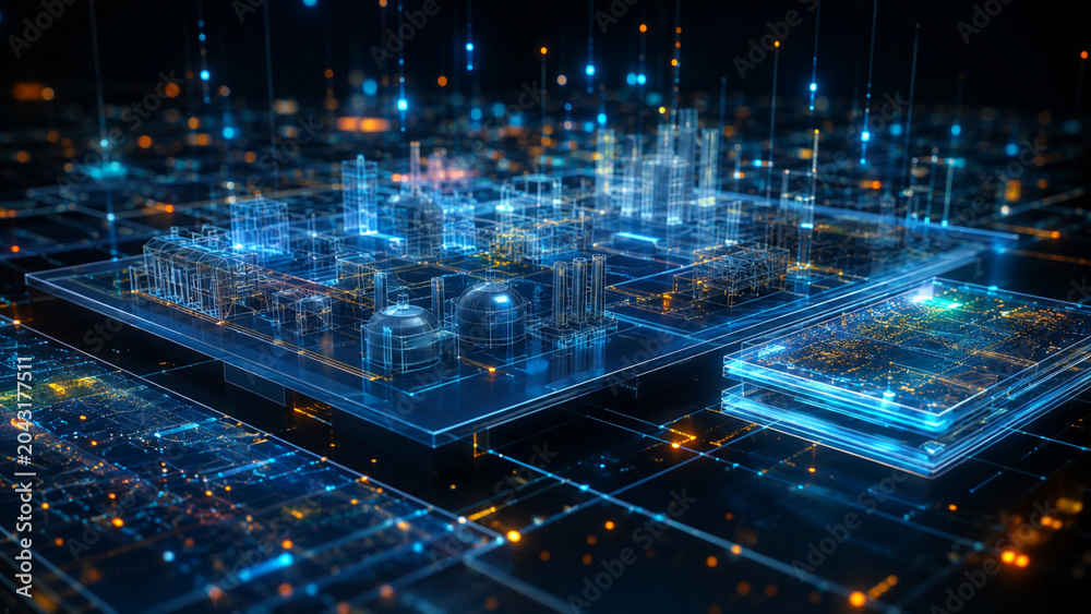 Obraz premium Futuristic Autonomous Digital Twin Ecosystem - Real Time Data Synchronization and Predictive Analytics Network