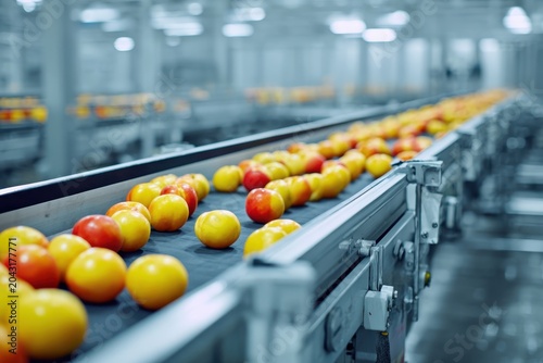 Fresh red yellow peaches moving along conveyor belt. Food processing plant, packaging facility. Apple sorting machine picking fruits. Automatic factory. Closeup. Hightech agriculture production line.