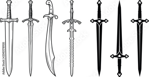 Tableau sur toile Medieval Sword Collection with Fantasy Blades Knight Weapons and Decorative Silh