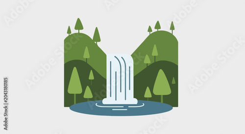 A stylized, flat illustration of a waterfall cascading into a blue pool amid lush green hills and trees