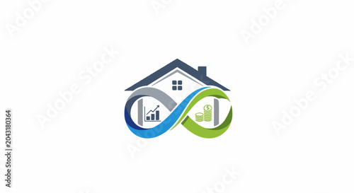 A stylized house with an infinity symbol featuring a financial graph and coins