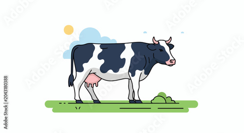 A stylized illustration of a black and white dairy cow in a simple green field under a blue sky