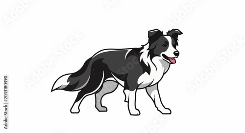 A stylized illustration of a black and white dog with its tongue sticking out