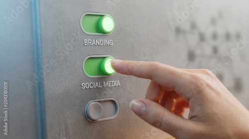 Social media marketing activation, finger pressing glowing green toggle switch for branding, digital strategy and online presence management