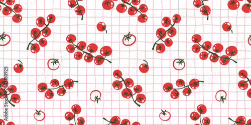 Hand drawn tomato seamless pattern vector illustration. Summer pomodoro grid checker board texture in background. 