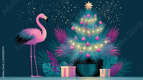 a pink flamingo stands by a decorated tropical Christmas tree under a starry sky, surrounded by pink palm fronds, monstera leaves, and wrapped gifts