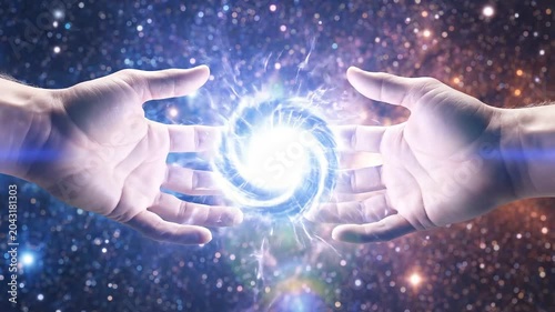 Cosmic connection two hands reach across a nebula filled galaxy transferring glowing energy spheres symbolizing creation power and universal connection 4k Video