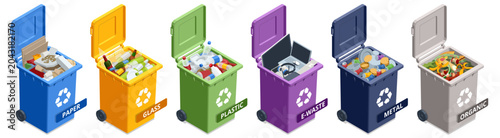 Colorful isometric recycle bin set for paper, glass, plastic, electronic, metal and organic waste on a plain background. Separate collection concept for city sorting and sustainable sanitation
