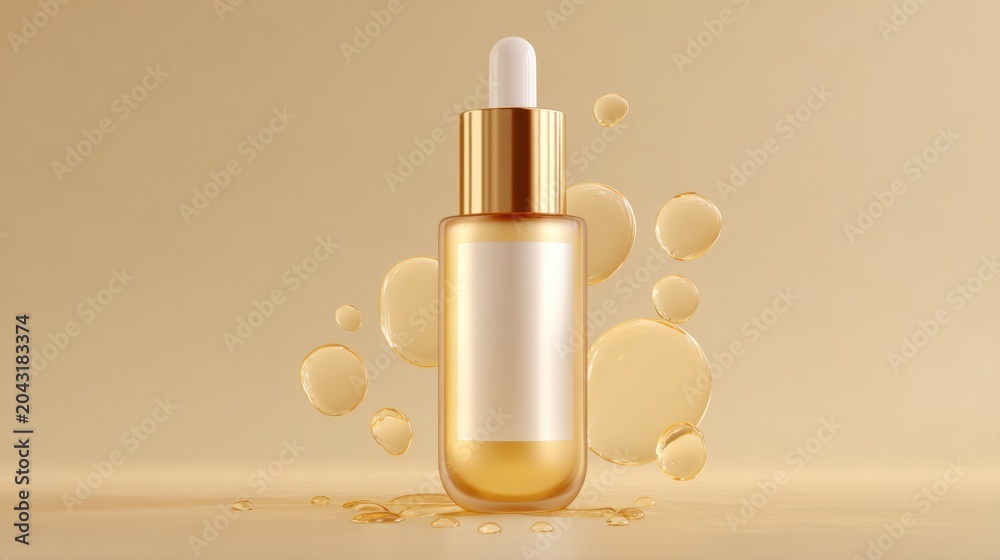 Naklejka premium luxury gold cosmetic dropper bottle mockup template background floating liquid oil droplets skin care collagen serum essential oil blank white label container presentation showcase banner design