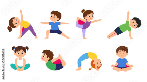 Bild auf Leinwand Cartoon children practicing yoga poses set on white background