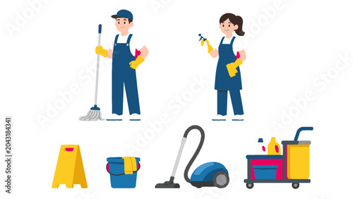 Billede på lærred Cleaning staff and janitorial equipment flat vector set